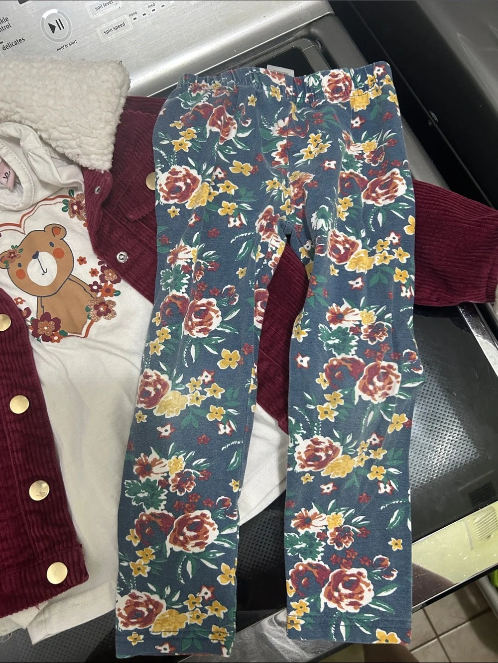 Girls 4t three piece matching outfit flower leggings pants bear corduroy jacket